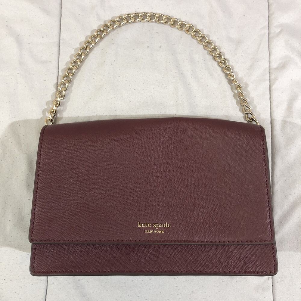 Kate Spade Laurel Way Clutch Bag Chain Strap Chocolate Cherry EUC